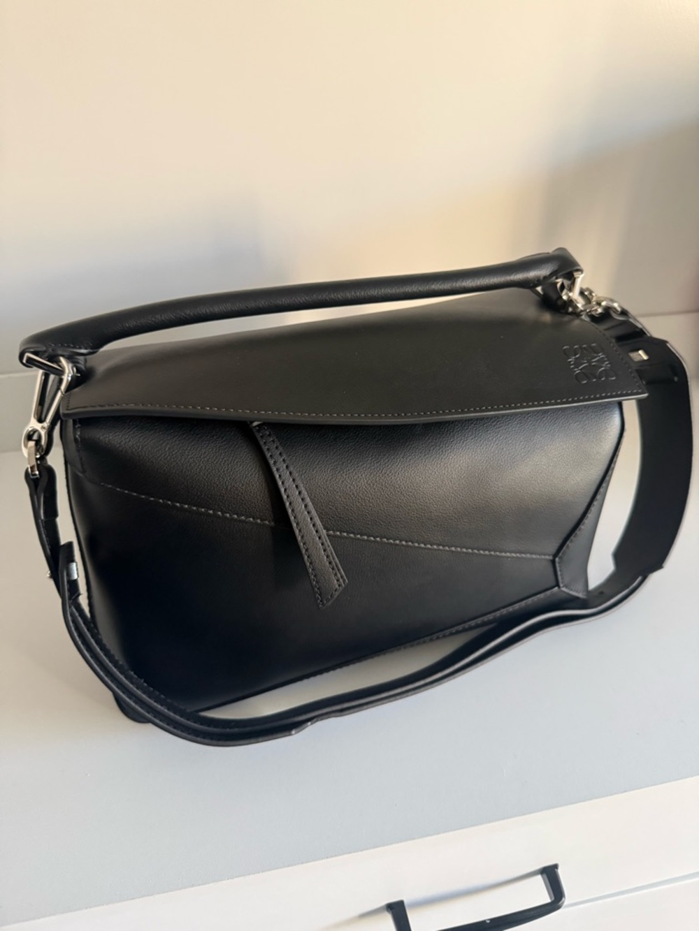 Loewe Black Leather Puzzle Shoulder Bag with Top Handle